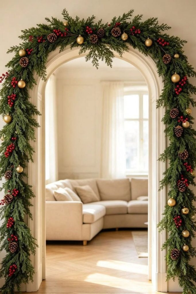 Classic evergreen Christmas garland with berries.