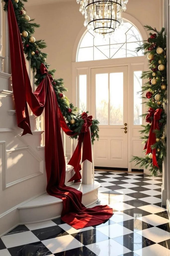 Classic Red Ribbon Christmas Hallway Styling