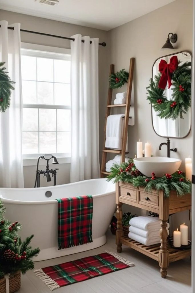 Classic red and green Christmas bathroom decor.