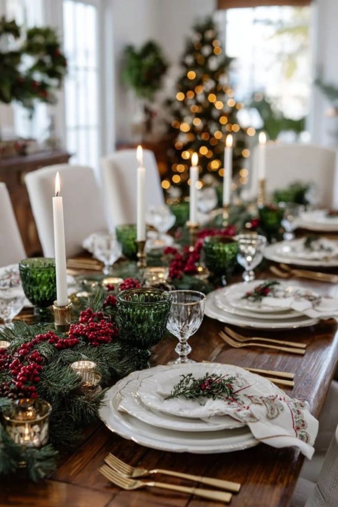 Traditional red and green Christmas dining decor.