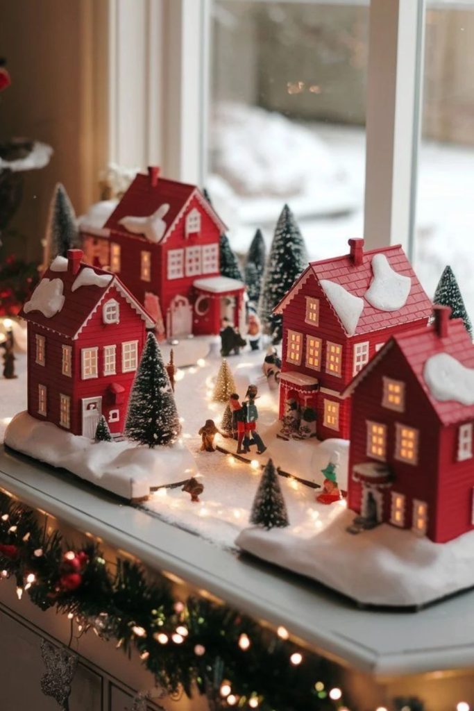 Classic red and white Christmas village.