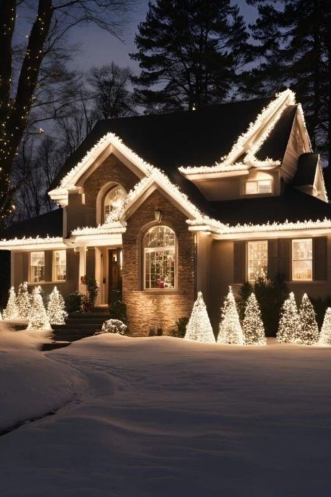 Classic warm white Christmas roofline lights.