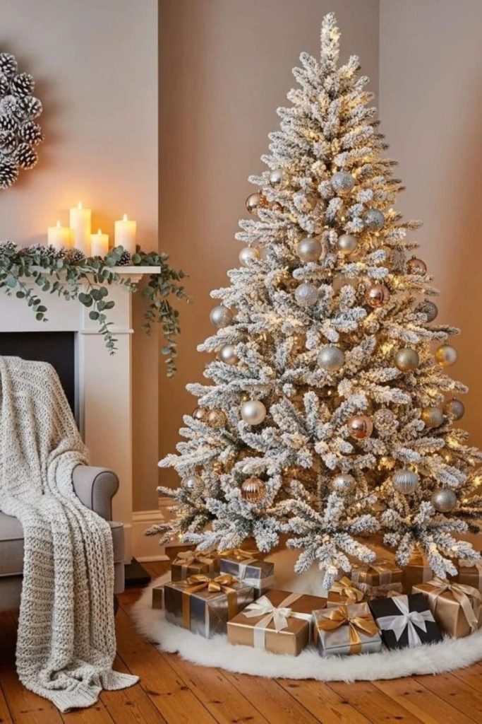 Classic white and gold flocked Christmas tree.