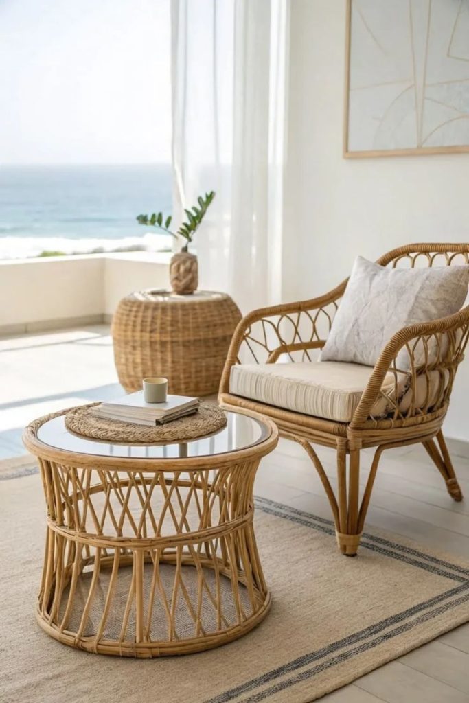 Coastal cane lounge chair with beige cushions