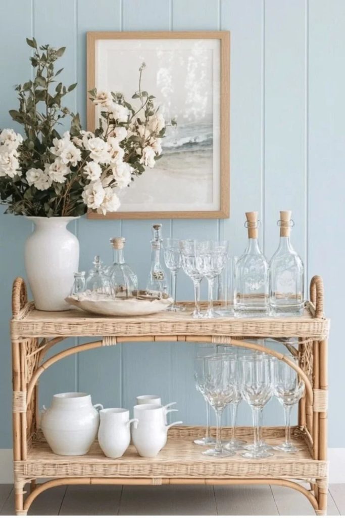 Coastal Christmas bar cart with breezy seaside accents.