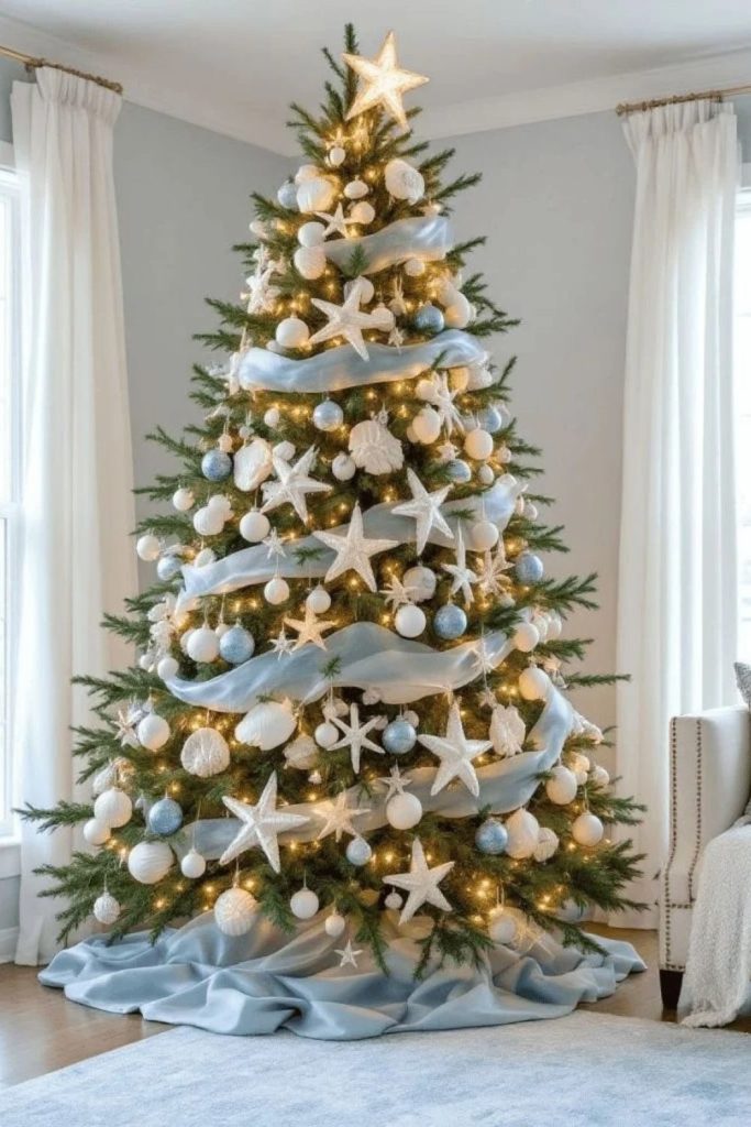 Coastal Christmas tree with seashell decorations.