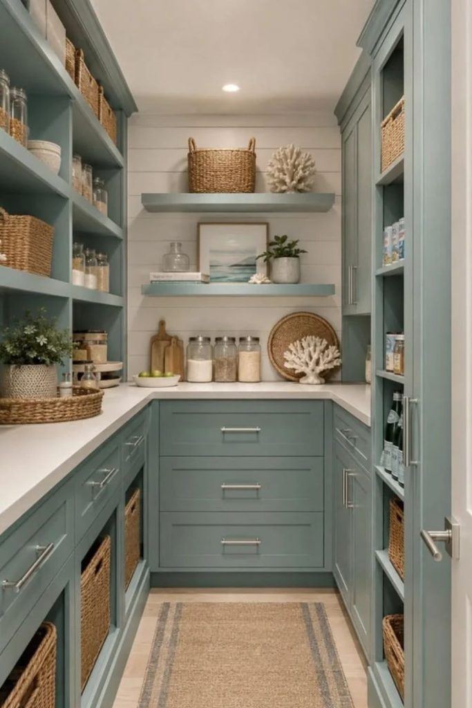 Coastal pantry with breezy blue cabinetry.