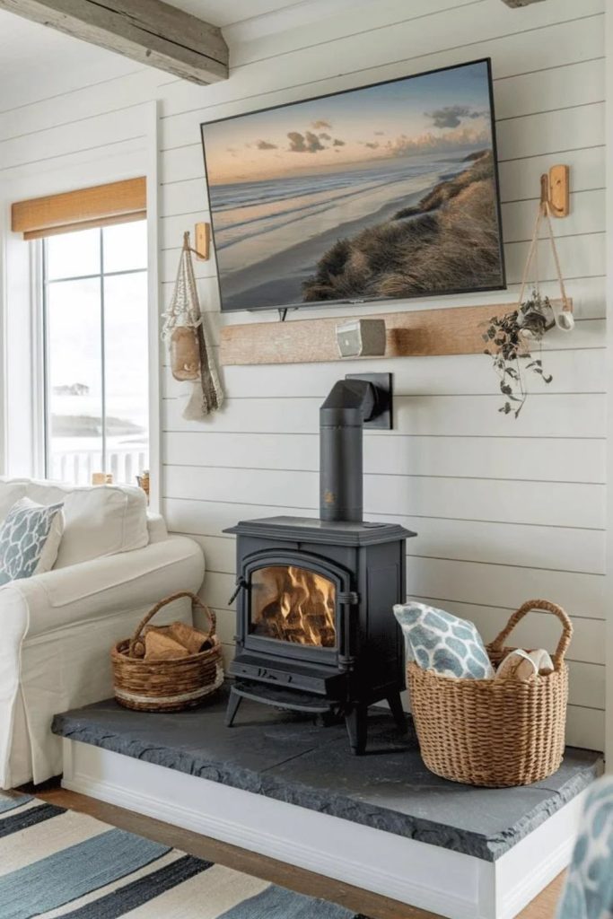 Coastal living room with log burner.