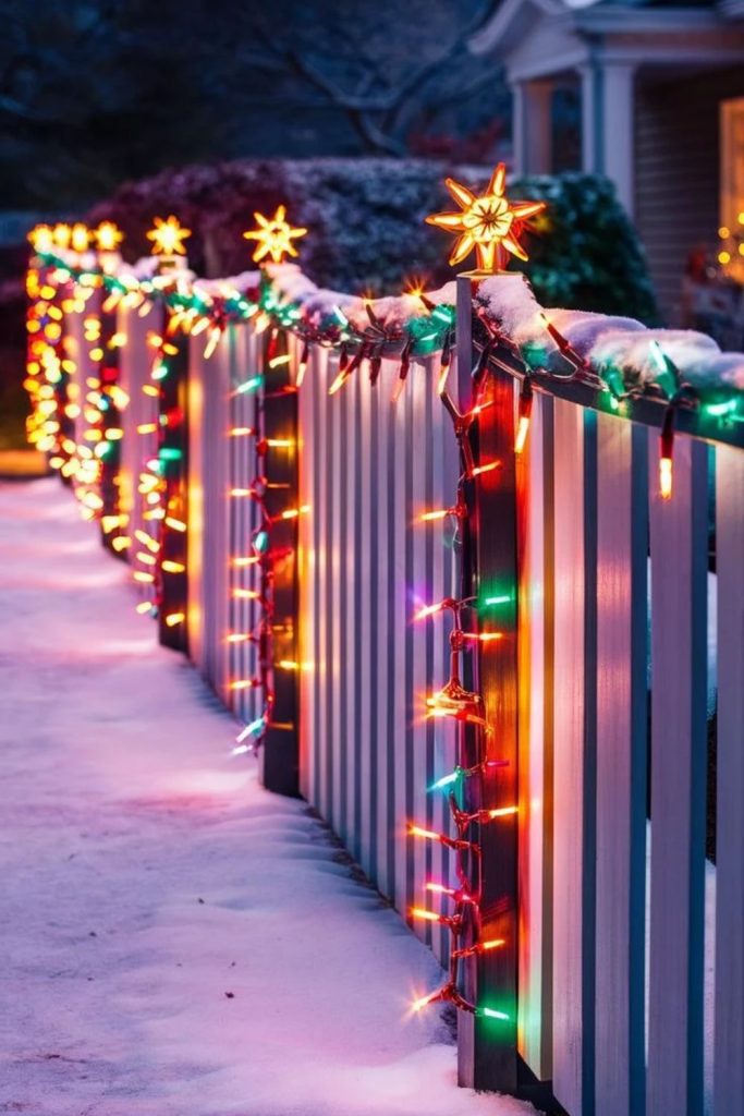 Colorful Christmas lights decorating garden fence panels.