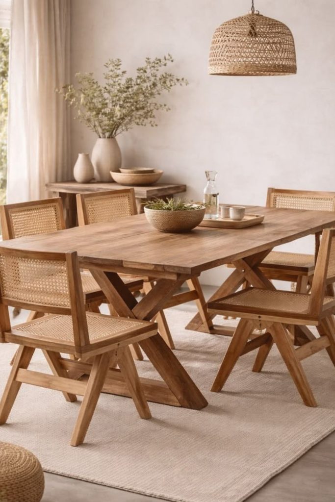 Contemporary cane dining chairs with wooden legs