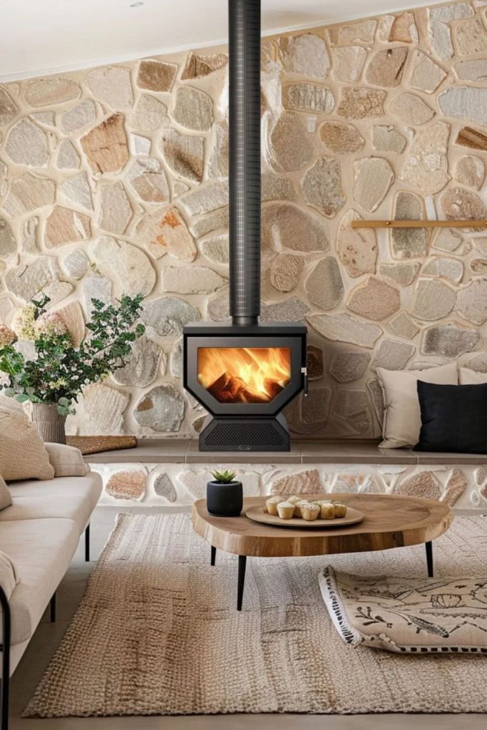 Contemporary cottage room with sleek stove.