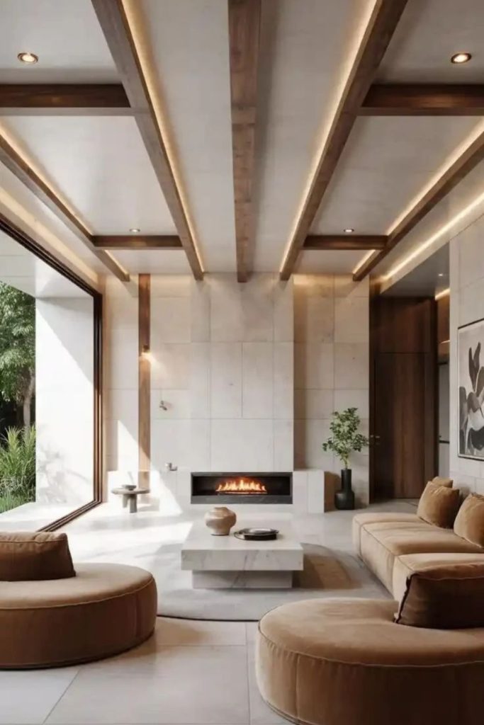 Contemporary sunken ceiling with lighting.