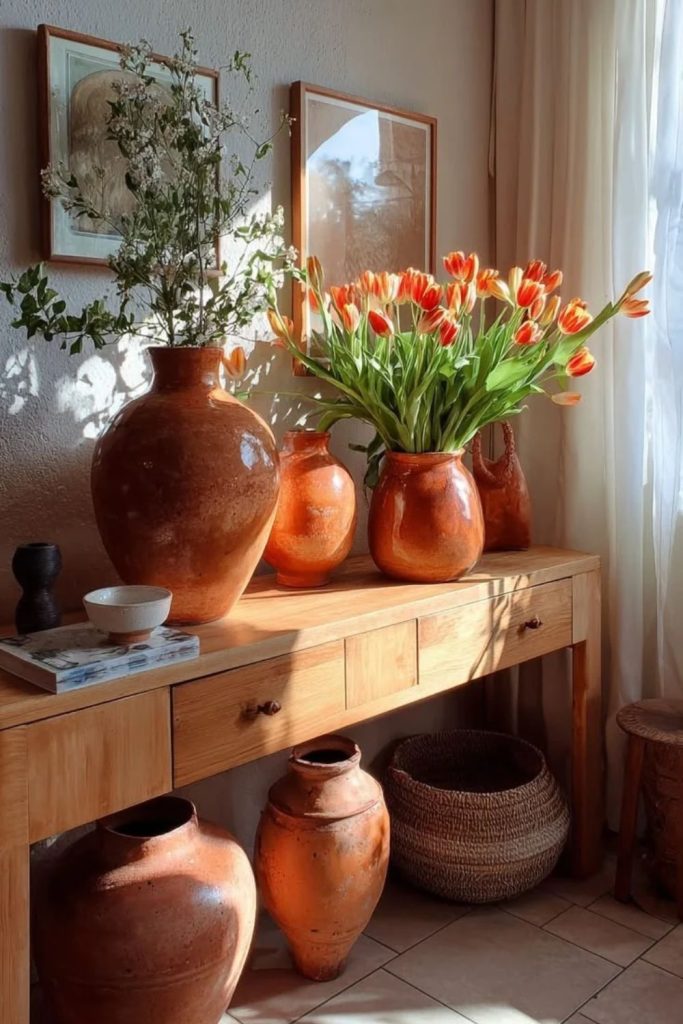 Contemporary terracotta sculptures in minimalist interior