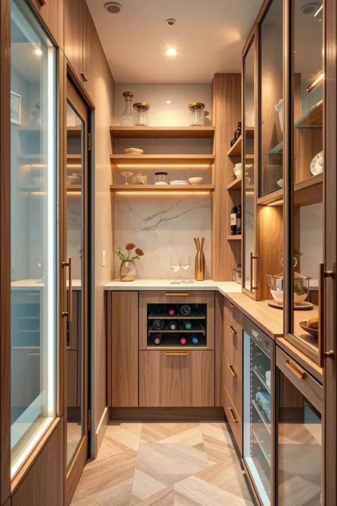 Contemporary wood slat pantry with walnut cabinetry.