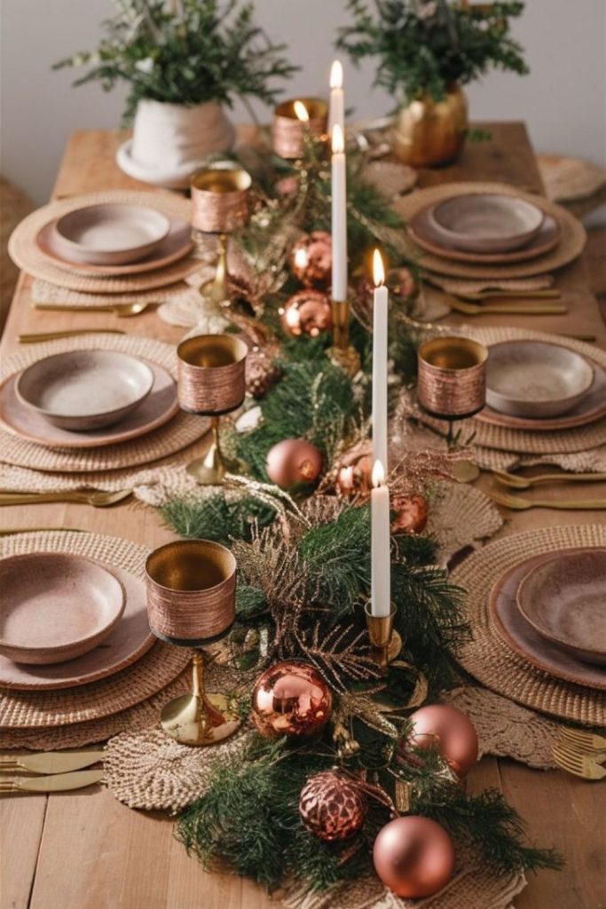 Warm copper and cinnamon Christmas table decorations.