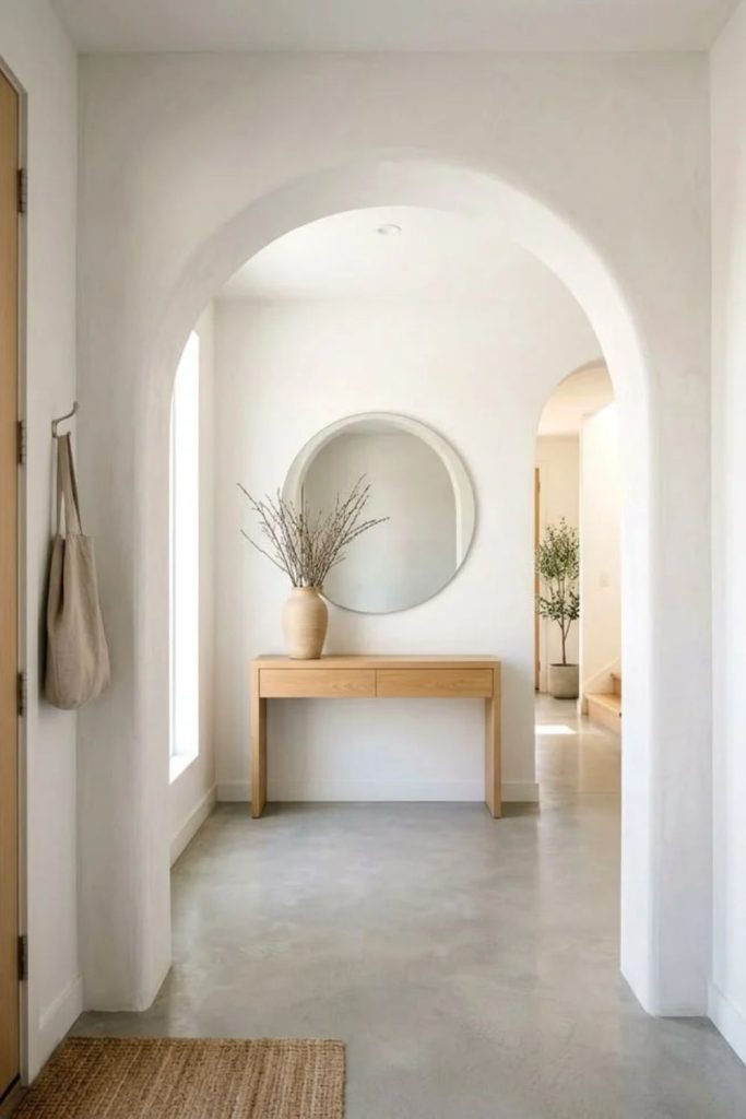 Cottage whitewashed arch with cozy charm.