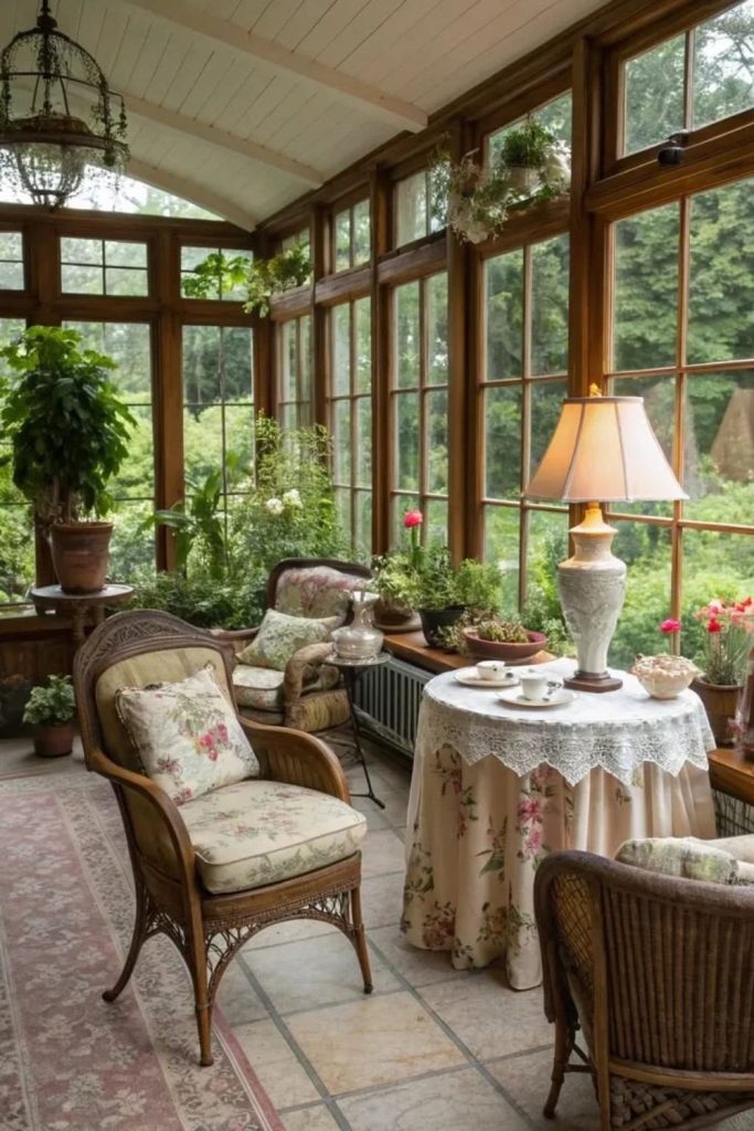 Cottagecore Orangery with Romantic Floral Decor.