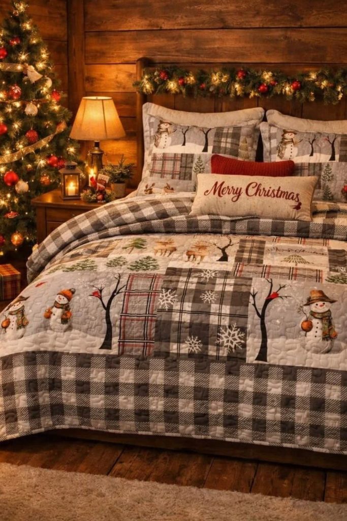 Cozy cabin Christmas bedroom with plaid bedding.