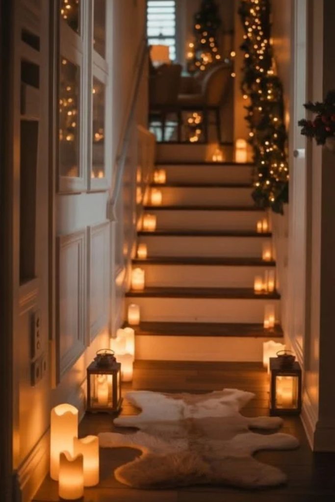 Cozy Candlelit Christmas Hallway with Lanterns