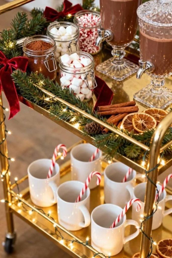 Cozy hot toddy bar cart with cinnamon sticks.