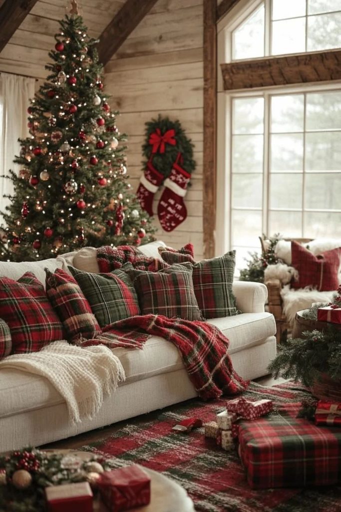 Cozy plaid Christmas living room decor.