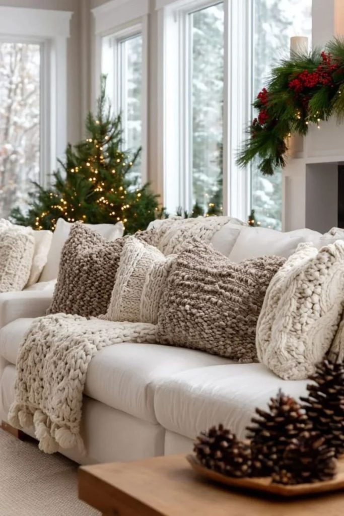 Cozy Scandinavian sofa Christmas styling.