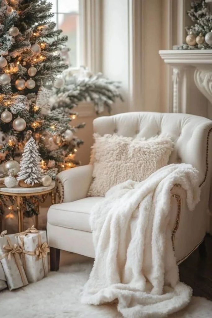 Cozy white knit corner with fluffy blankets.