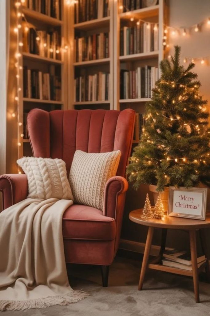 Cozy woolen Scandinavian Christmas reading nook.