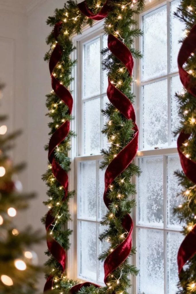Cranberry ribbon Christmas garland with greenery.