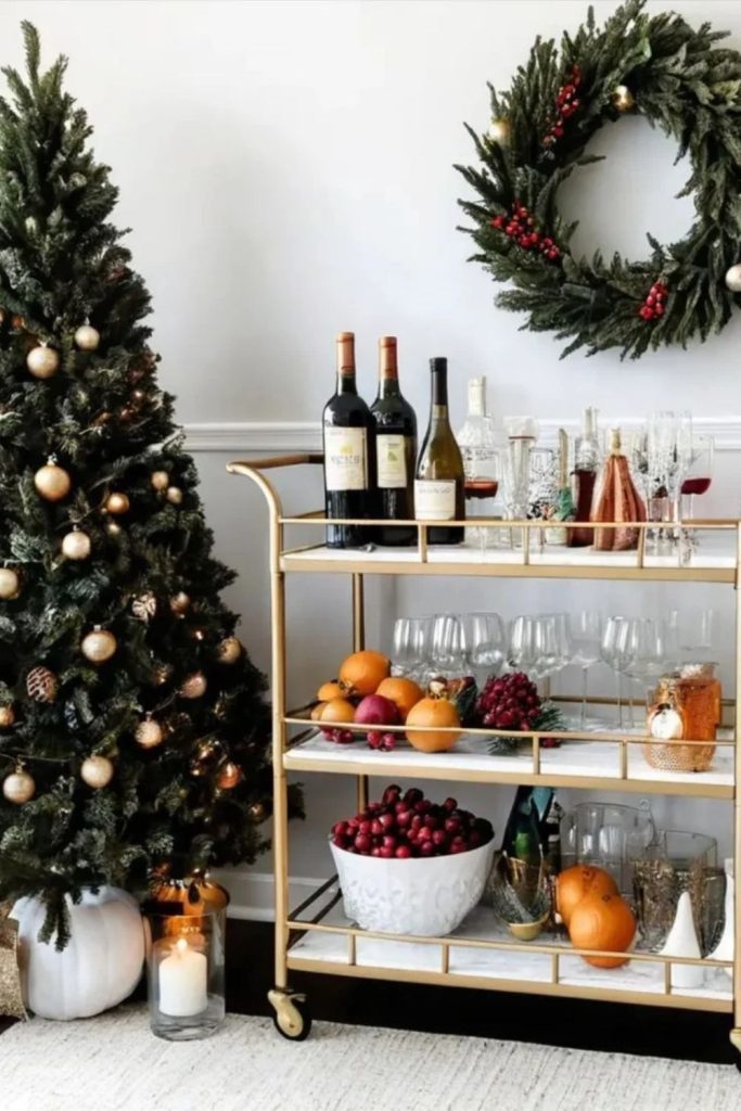 Cranberry rosemary Christmas bar cart with natural garnishes.