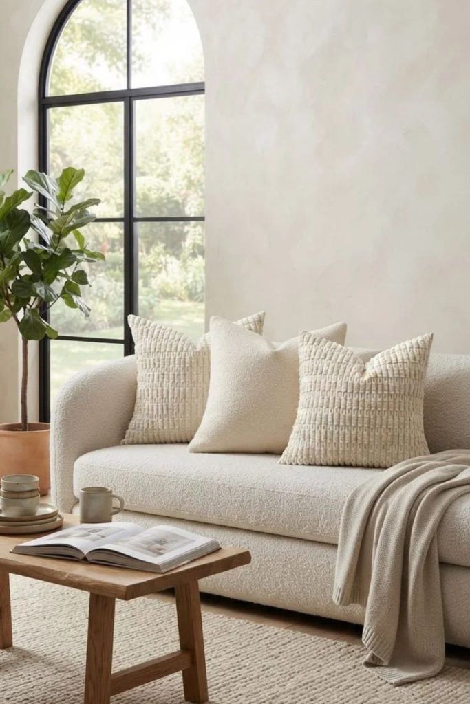 Cream boucle sofa with cozy neutral accents.