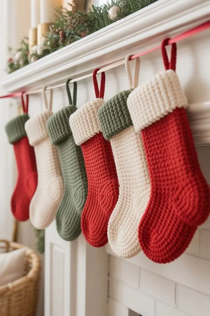 Handmade crochet Christmas stockings with scallops