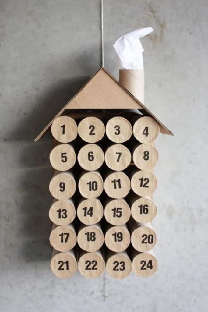 DIY recycled cardboard tube advent calendar.