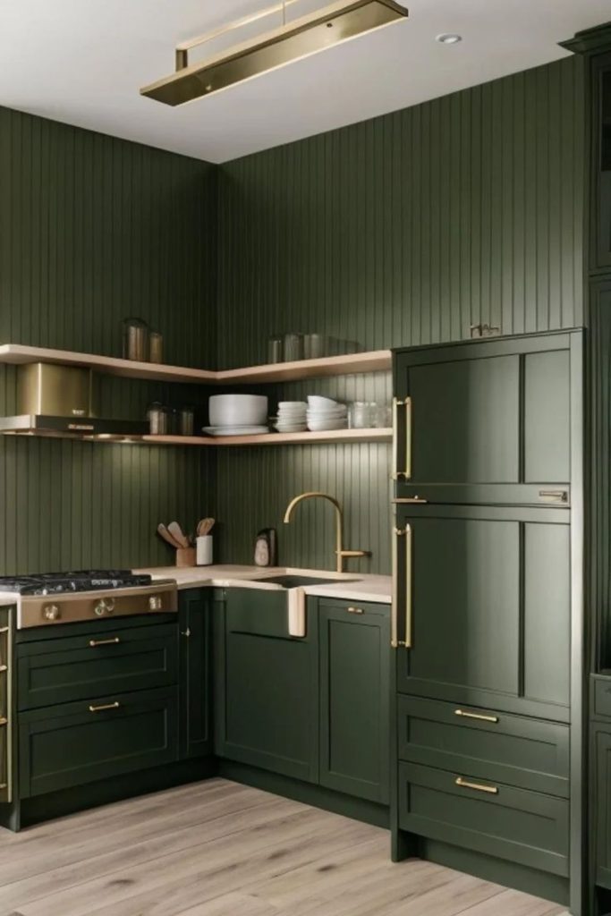 Dark olive green kitchen with dramatic contrast.