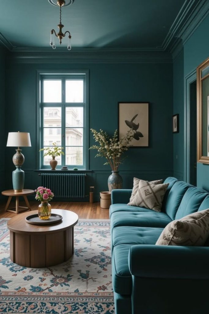 Deep teal jewel-toned colour drenched room.