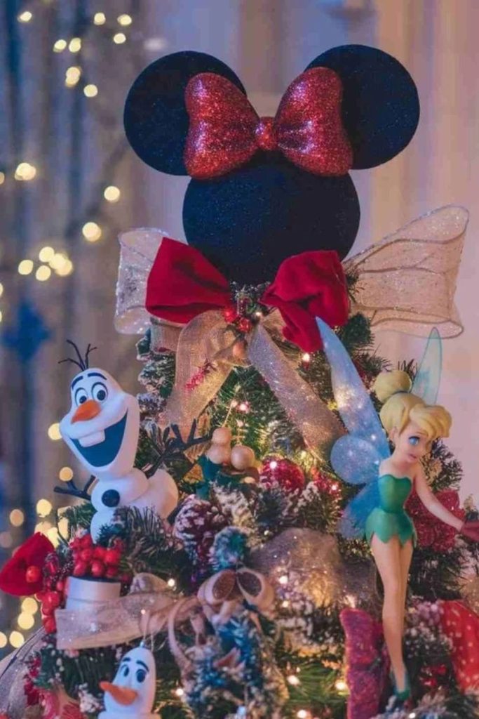 Disney-inspired Christmas tree with playful character ornaments.