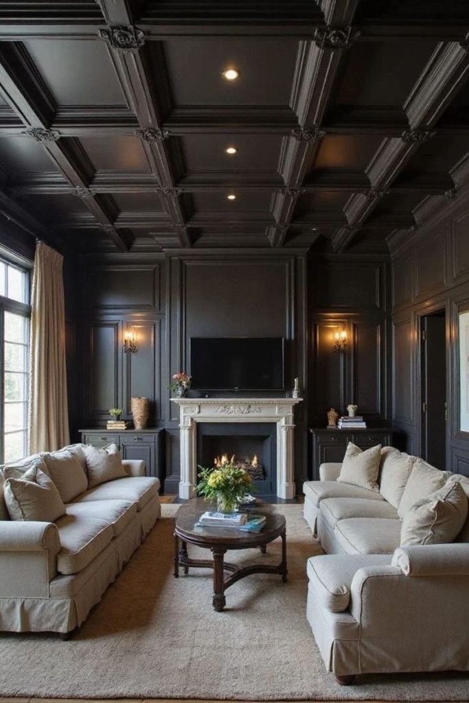 Black beam grid ceiling interior.