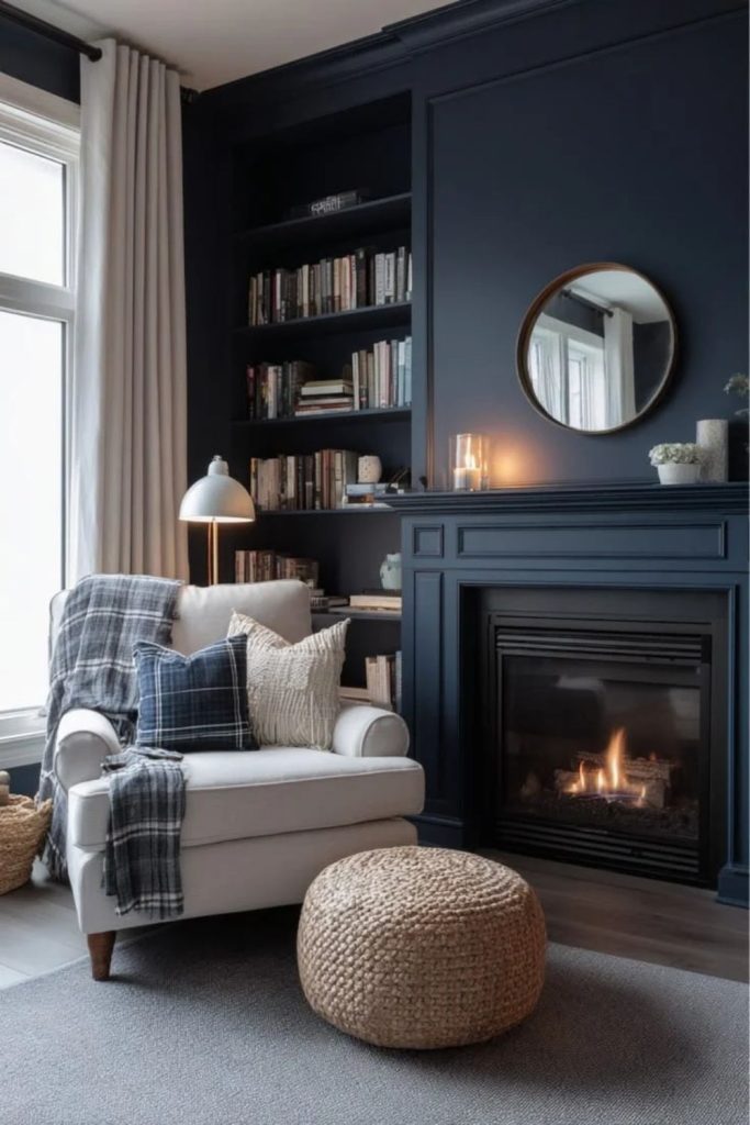 Navy living room with dramatic burner.