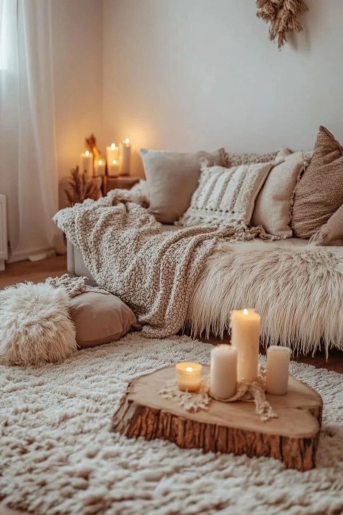 Dreamy evening hygge living room with candles.