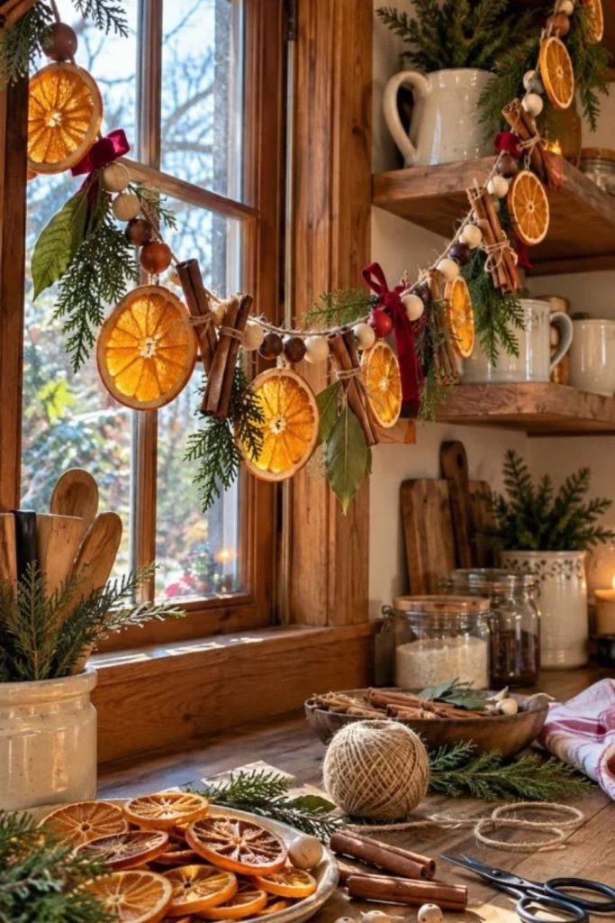 Dried orange Christmas garland with cinnamon sticks.