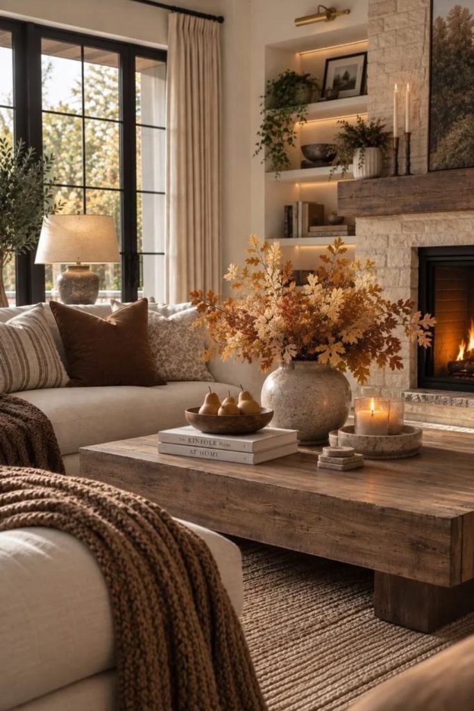 Earthy brown and cream hygge living room.