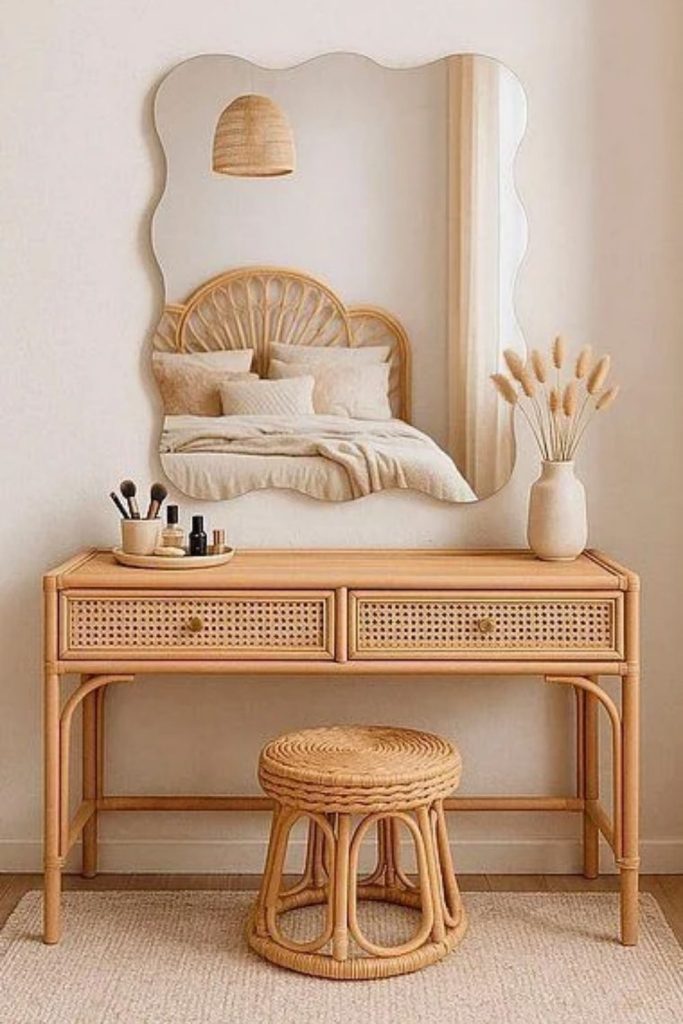 Elegant cane dressing table with round mirror