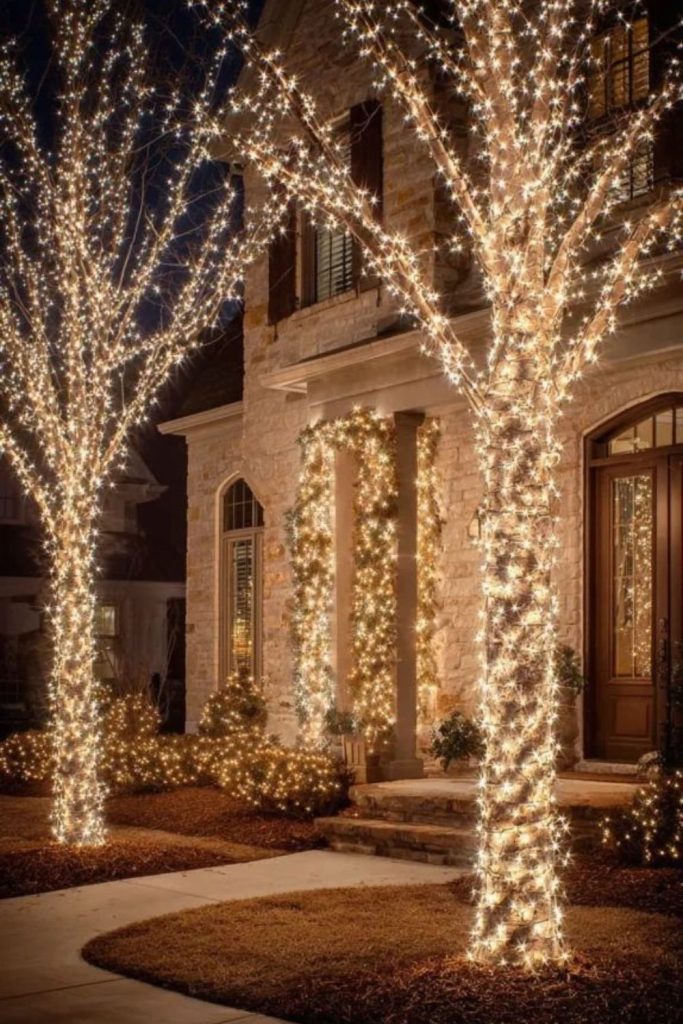 Elegant gold champagne Christmas lights on houses.