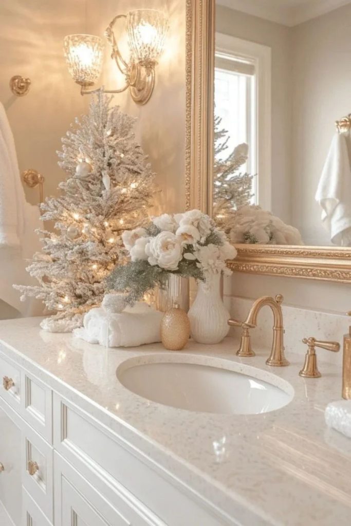 Elegant gold and white Christmas bathroom decor.