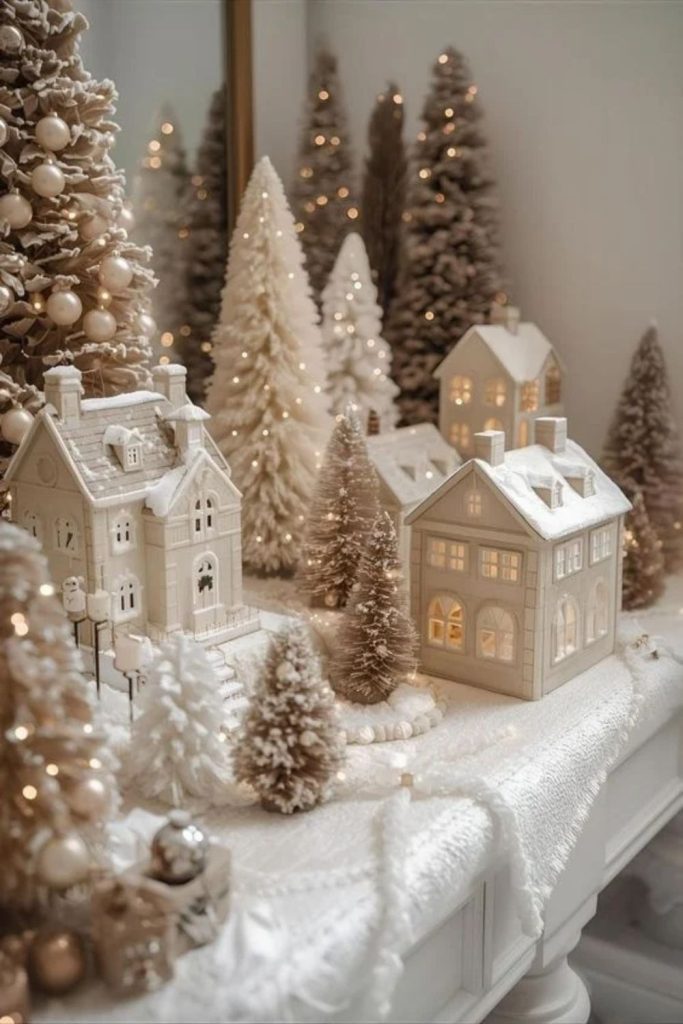 Elegant white Christmas village with golden accents.