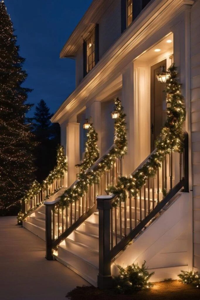 Elegant Christmas lights decorating outdoor staircase railings.