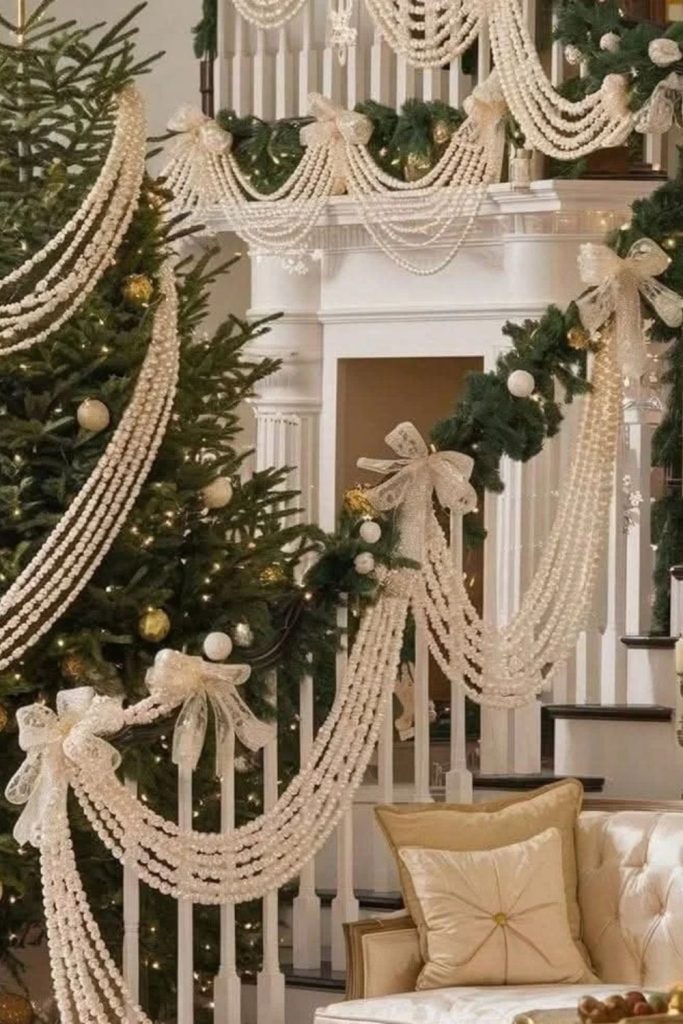 Elegant pearl garland with Christmas greenery.