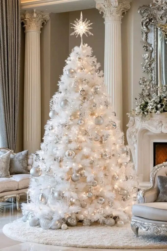 Elegant pearl and ivory flocked Christmas tree.