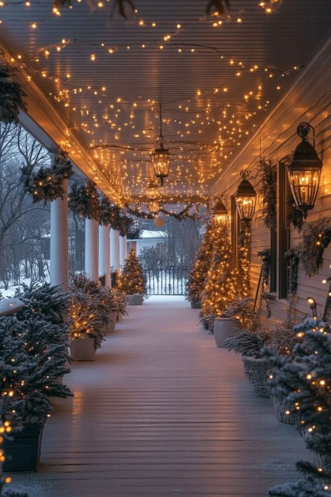 Cozy porch ceiling adorned with fairy lights.