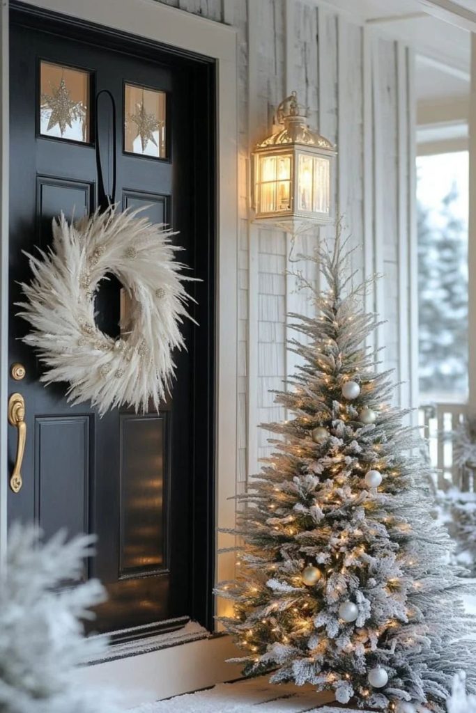 Elegant white Christmas wreath with frosted greenery.